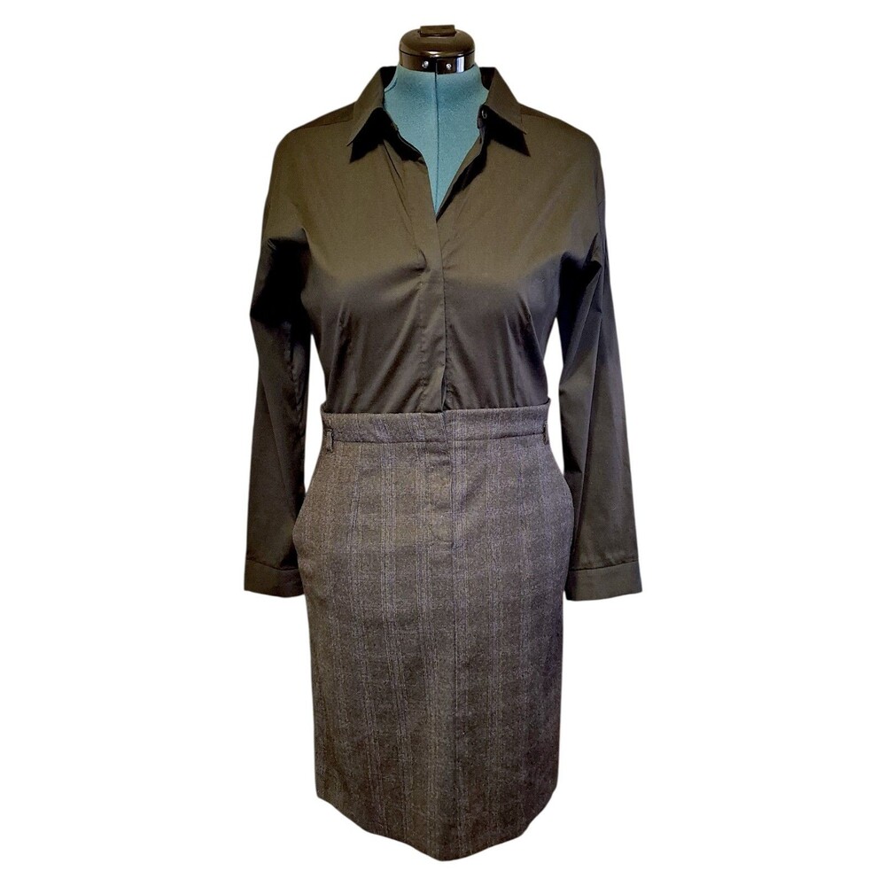 Theory Black charcoal Wool Blend Skirt Collared Long Sleeve Shirt Dress sz 8